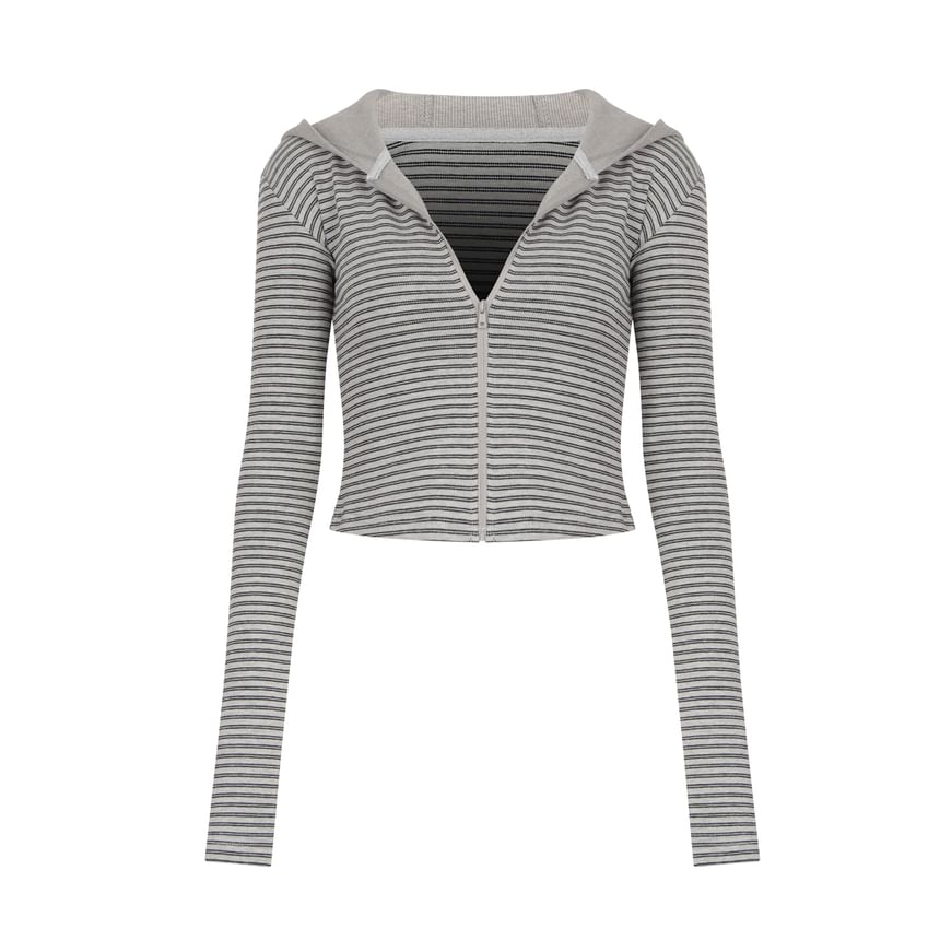 Striped Crop Hoodie with Zip-Up Closure