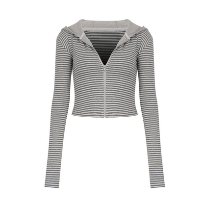 Striped Crop Hoodie with Zip-Up Closure