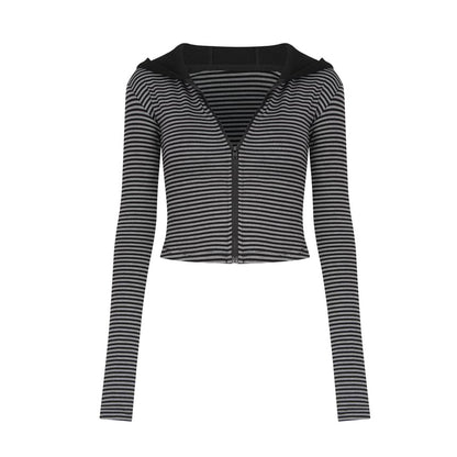 Striped Crop Hoodie with Zip-Up Closure
