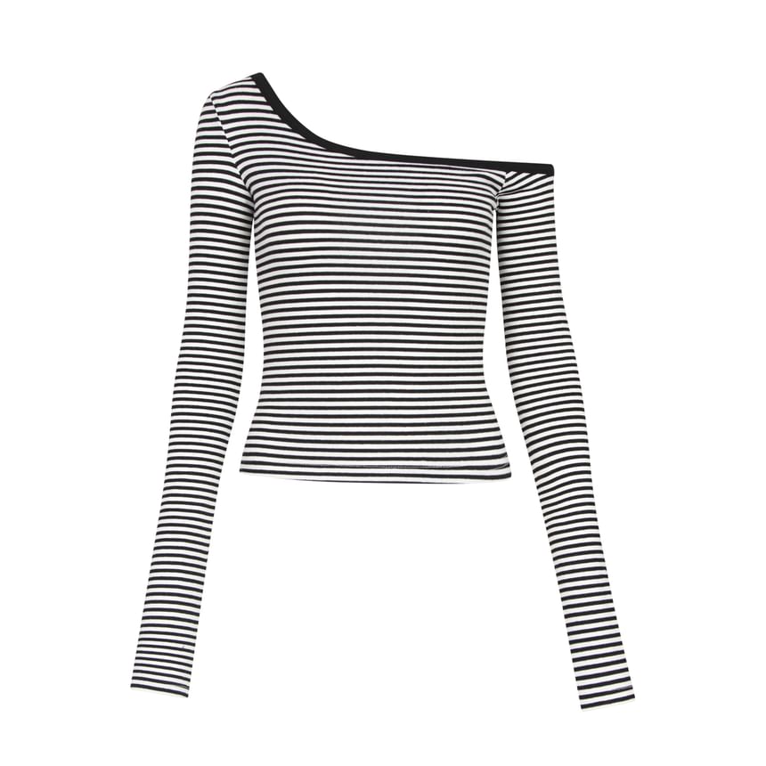 Off-Shoulder Striped Crop Tee with Long Sleeves and Asymmetrical Cut