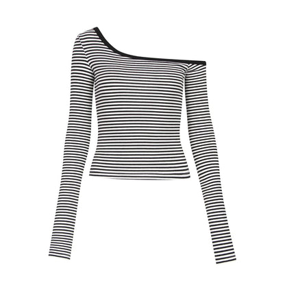 Off-Shoulder Striped Crop Tee with Long Sleeves and Asymmetrical Cut