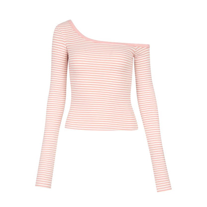 Off-Shoulder Striped Crop Tee with Long Sleeves and Asymmetrical Cut