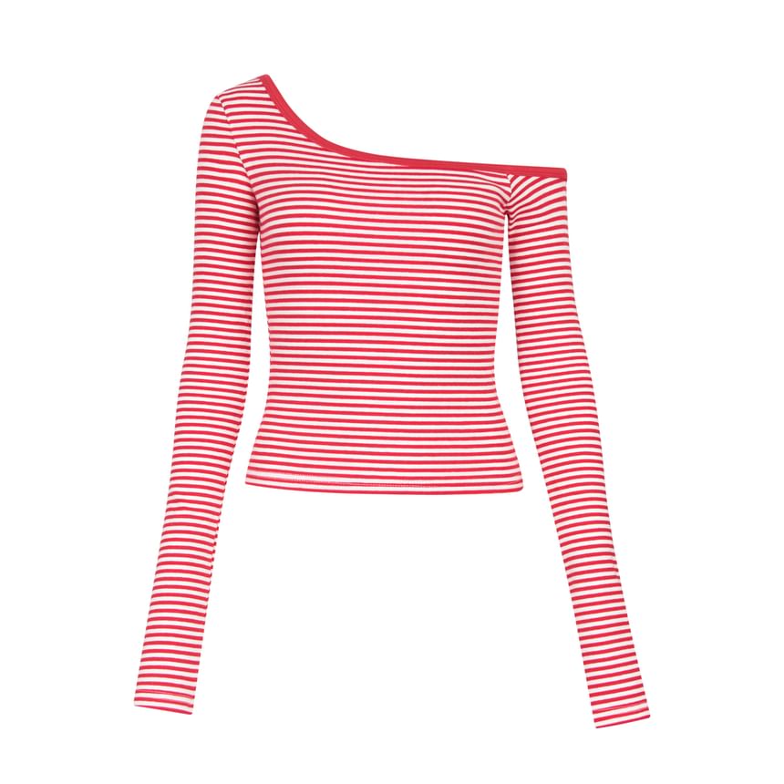 Off-Shoulder Striped Crop Tee with Long Sleeves and Asymmetrical Cut