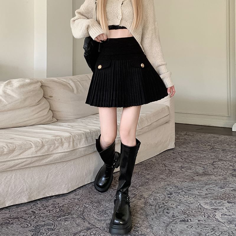 Accordion Pleated Corduroy Mini A-Line Skirt