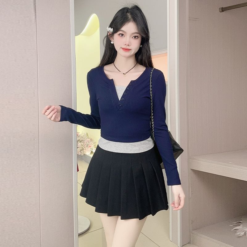 Faux-Layer Buttoned Tee with Long Sleeves and Mock Two-Piece Look
