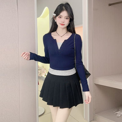 Faux-Layer Buttoned Tee with Long Sleeves and Mock Two-Piece Look