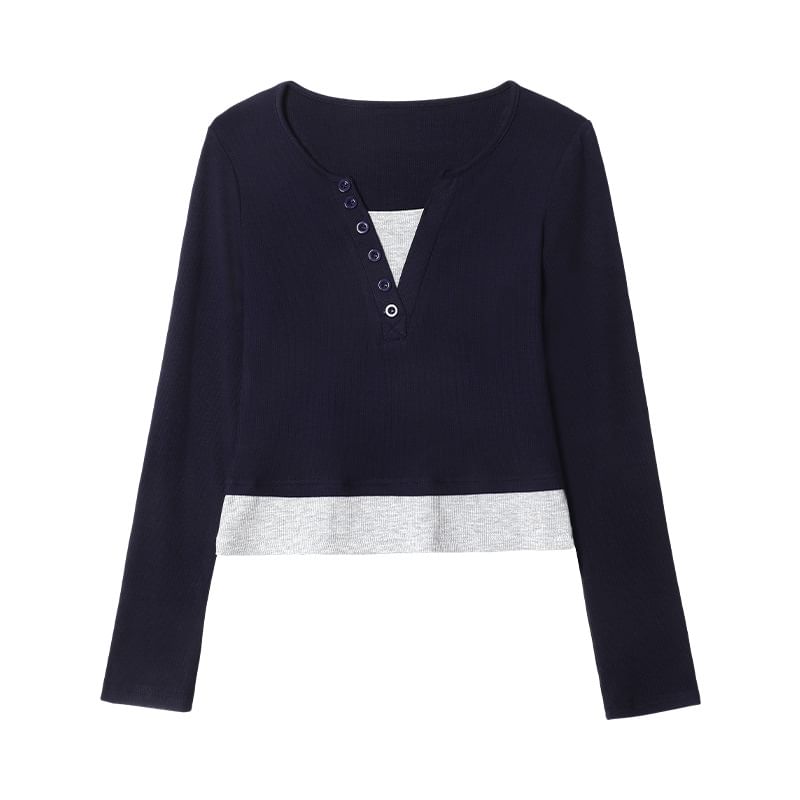 Faux-Layer Buttoned Tee with Long Sleeves and Mock Two-Piece Look