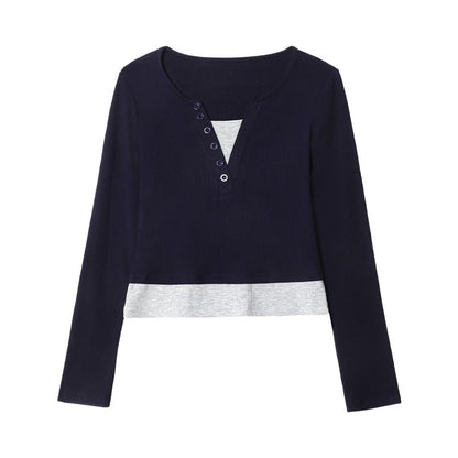 Faux-Layer Buttoned Tee with Long Sleeves and Mock Two-Piece Look