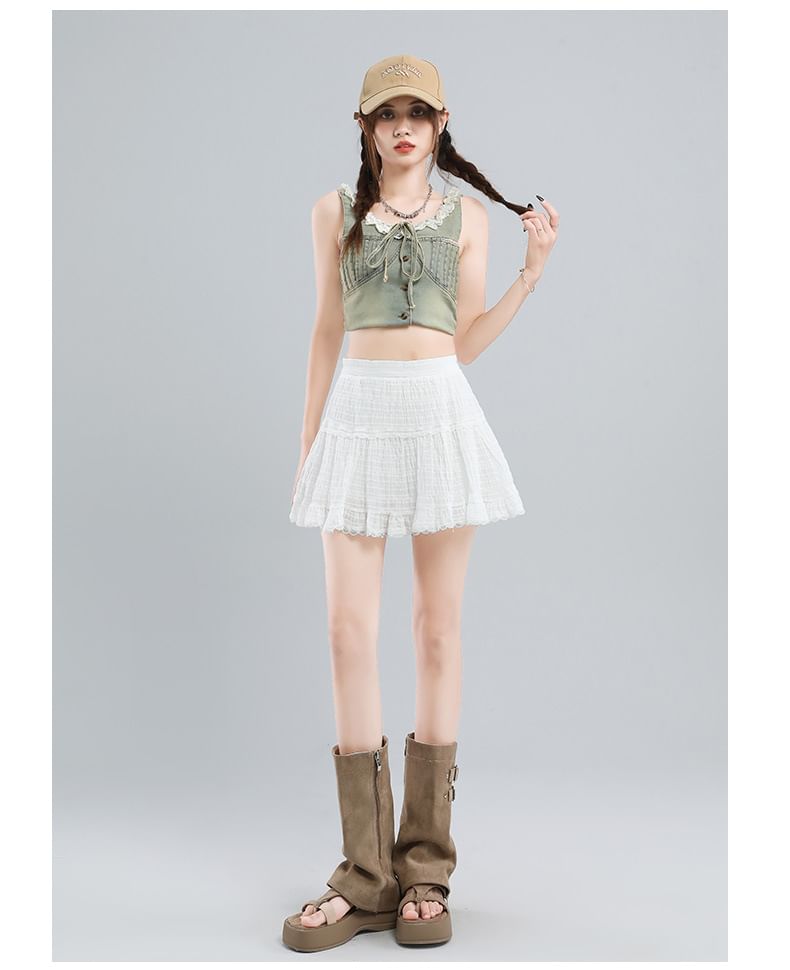 Ruffle Lace Trim Mini A-Line Skirt