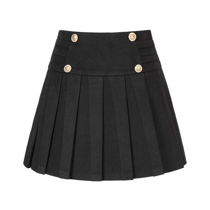 Plain Pleated Double-Breasted Mini A-Line Skirt