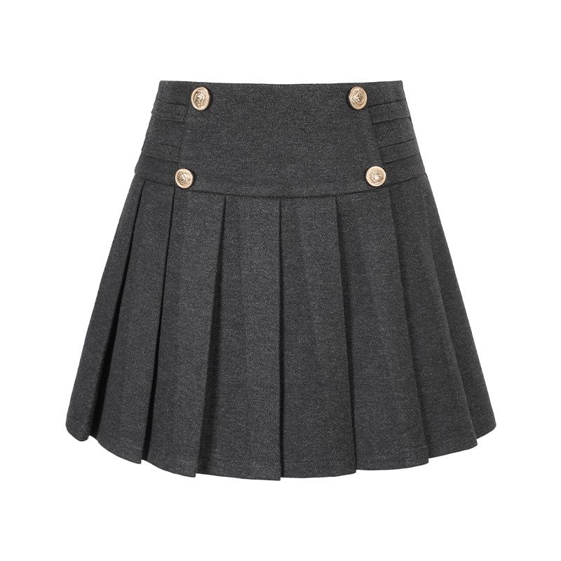 Plain Pleated Double-Breasted Mini A-Line Skirt