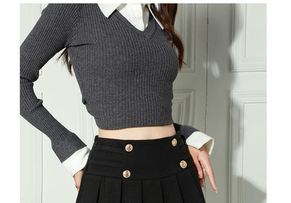 Plain Pleated Double-Breasted Mini A-Line Skirt