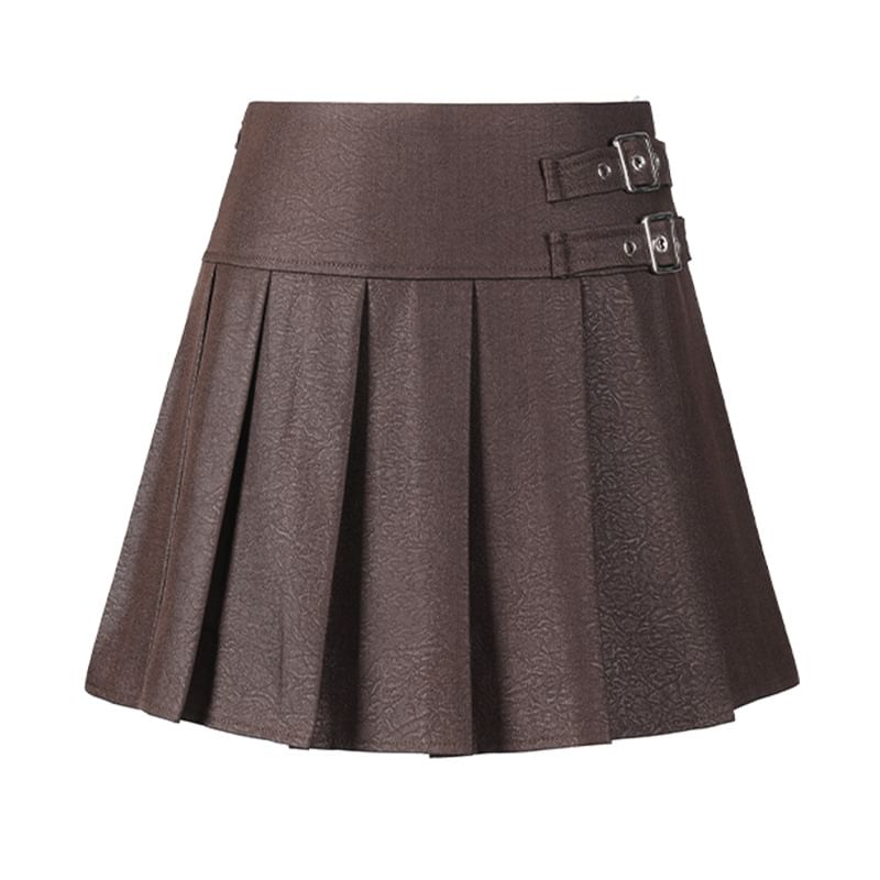 Plain Pleated Buckled Mini A-Line Skirt