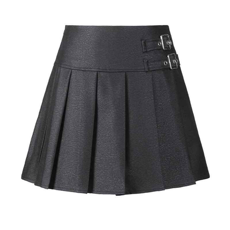 Plain Pleated Buckled Mini A-Line Skirt