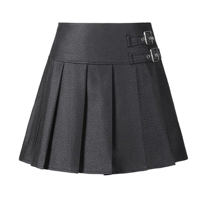 Plain Pleated Buckled Mini A-Line Skirt