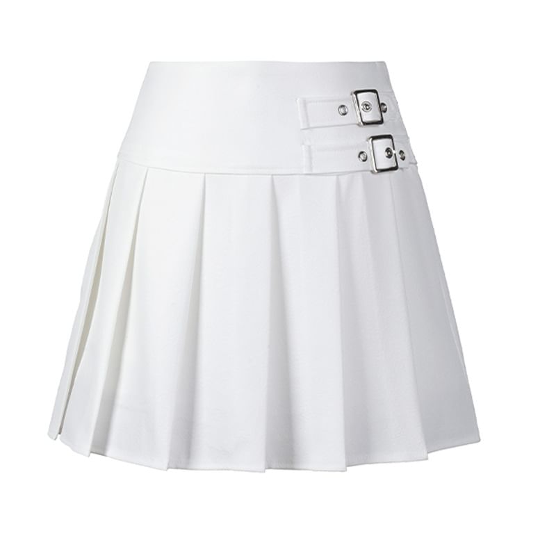 Plain Pleated Buckled Mini A-Line Skirt