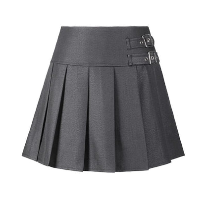 Plain Pleated Buckled Mini A-Line Skirt