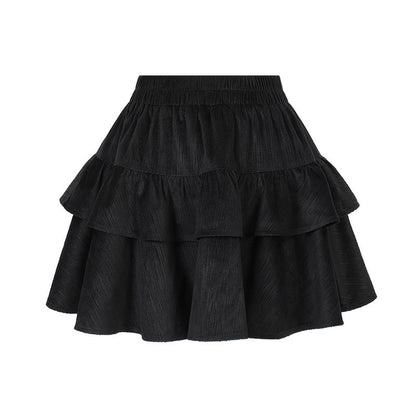 Elastic Waist Ruffle Corduroy Mini A-Line Skirt
