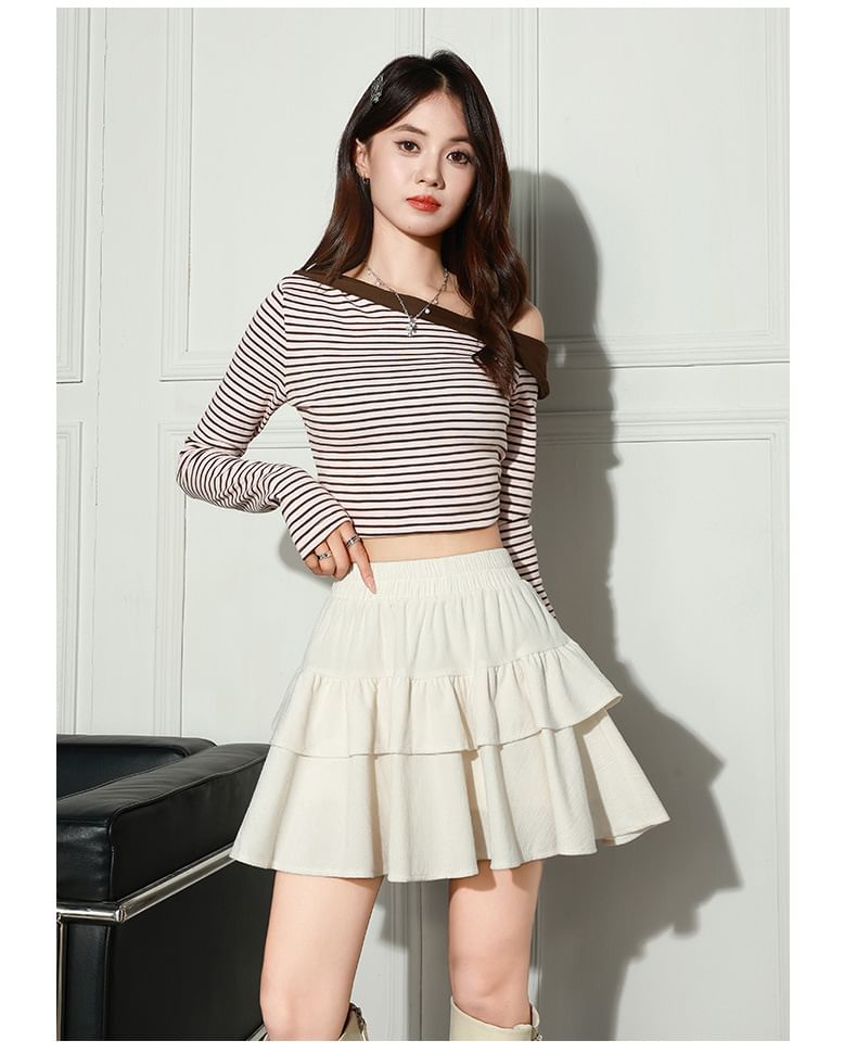 Elastic Waist Ruffle Corduroy Mini A-Line Skirt