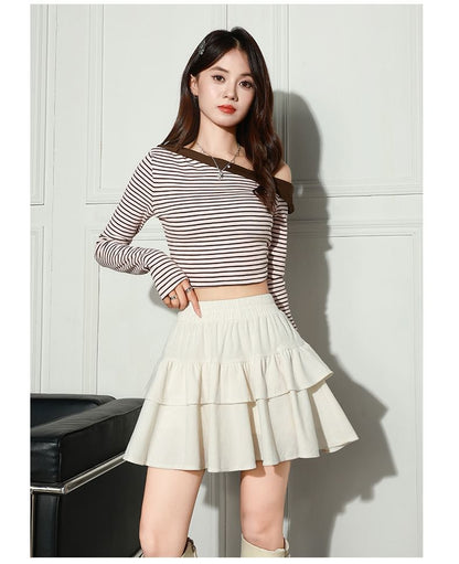 Elastic Waist Ruffle Corduroy Mini A-Line Skirt