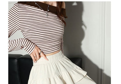 Elastic Waist Ruffle Corduroy Mini A-Line Skirt