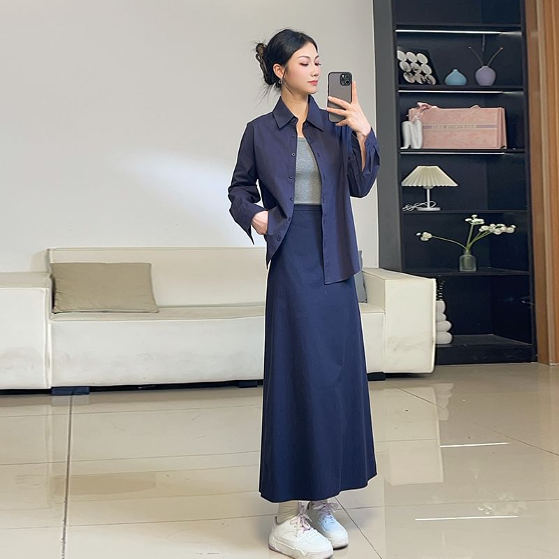 Set: Collared Shirt with Long Sleeves and High Waist Maxi A-Line Skirt