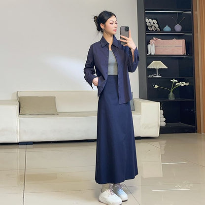 Set: Collared Shirt with Long Sleeves and High Waist Maxi A-Line Skirt