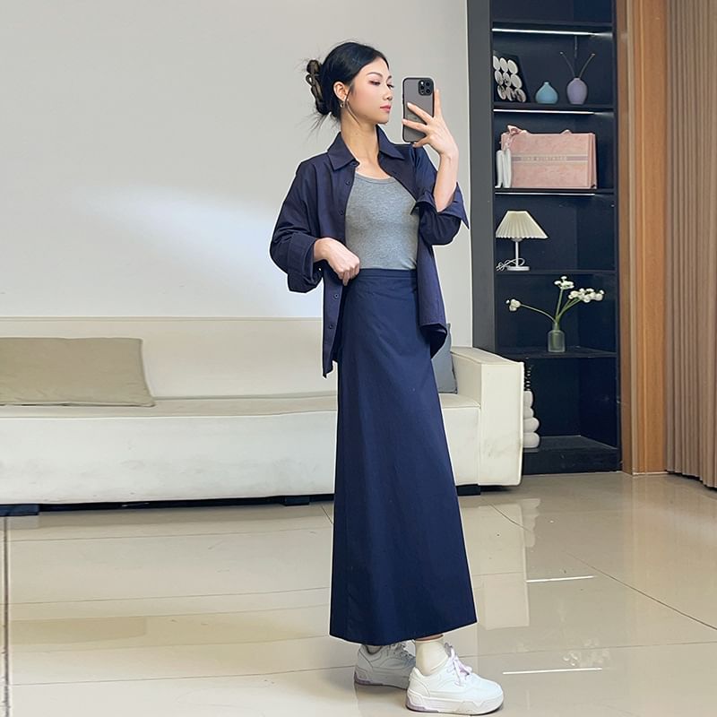 Set: Collared Shirt with Long Sleeves and High Waist Maxi A-Line Skirt