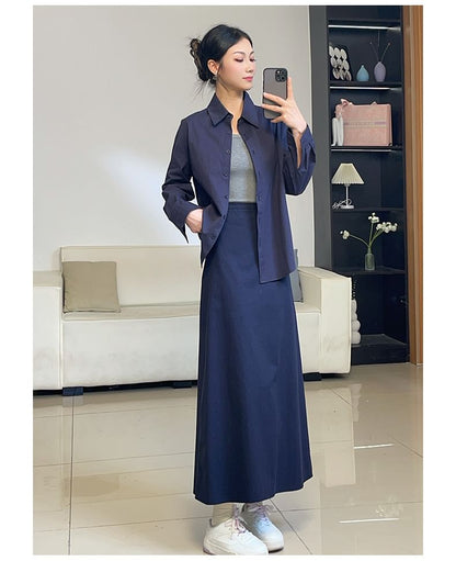 Set: Collared Shirt with Long Sleeves and High Waist Maxi A-Line Skirt