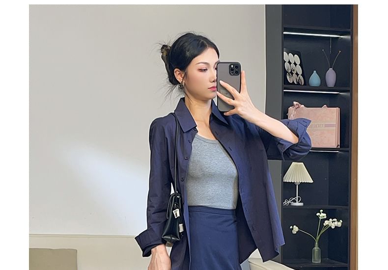 Set: Collared Shirt with Long Sleeves and High Waist Maxi A-Line Skirt