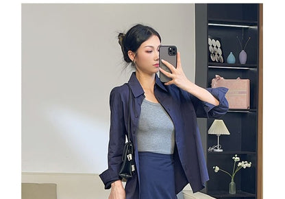 Set: Collared Shirt with Long Sleeves and High Waist Maxi A-Line Skirt