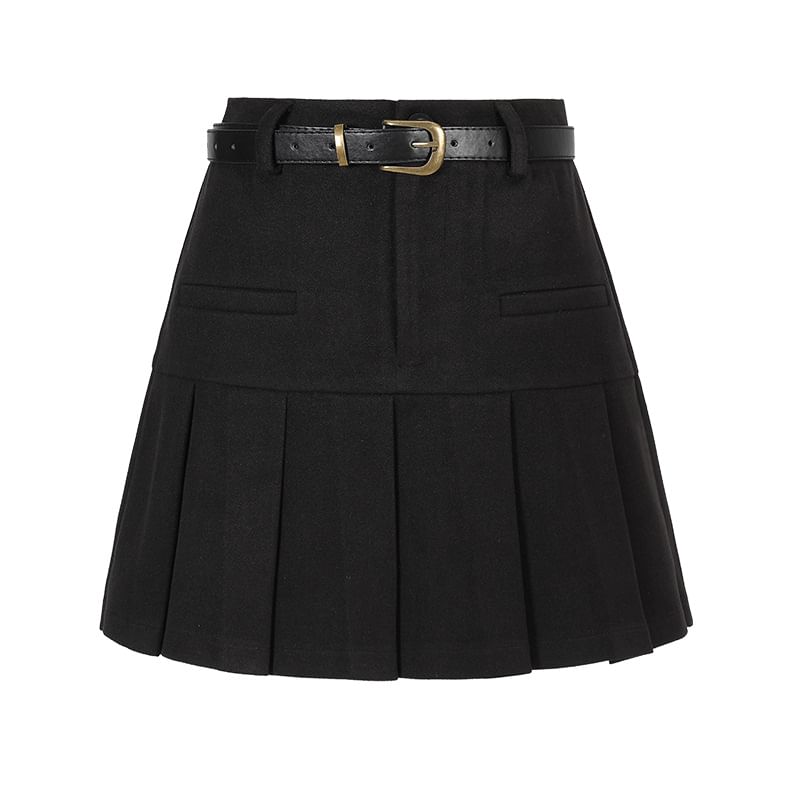 Plain Pleated Mini Skirt with Belt Set