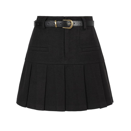Plain Pleated Mini Skirt with Belt Set