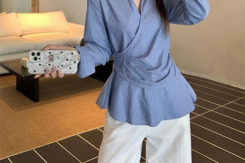 Striped Peplum Shirt with V-Neck and Long Sleeves