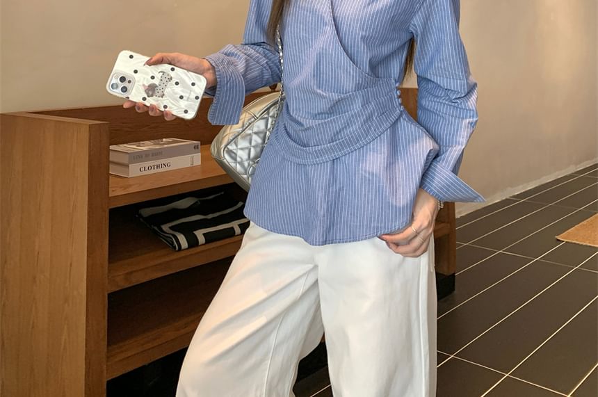 Striped Peplum Shirt with V-Neck and Long Sleeves