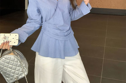 Striped Peplum Shirt with V-Neck and Long Sleeves