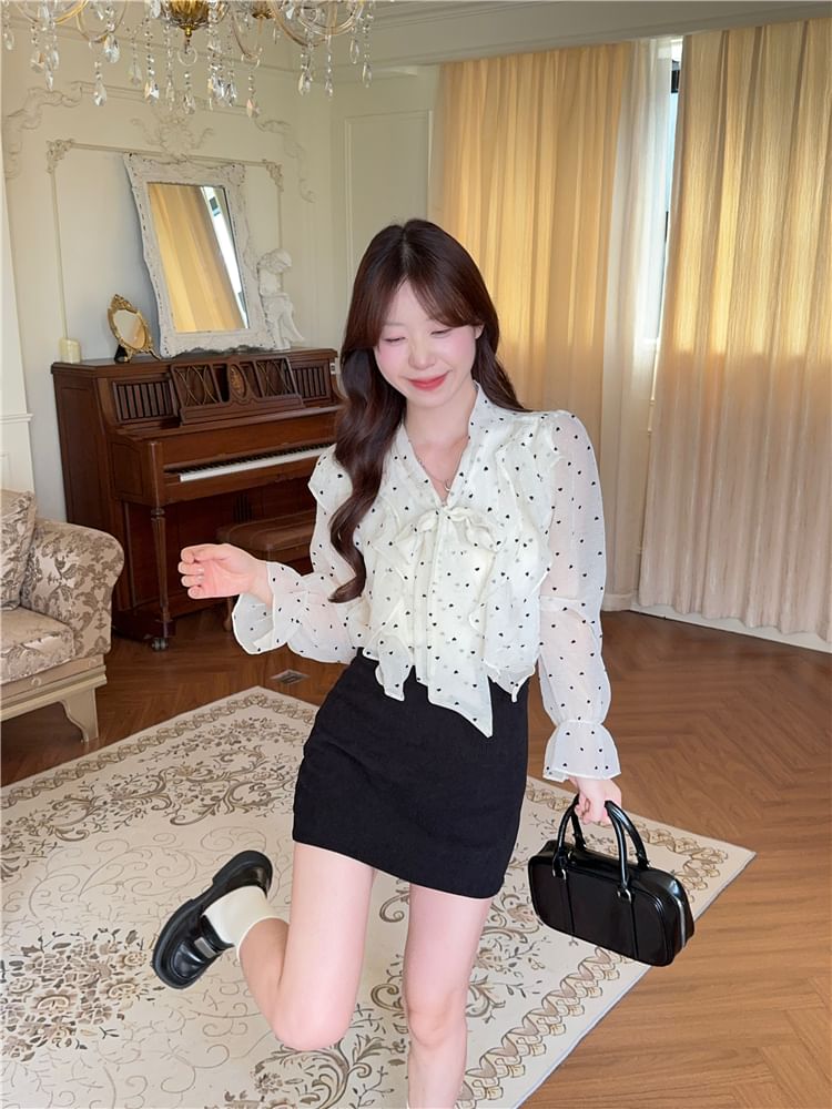 Dotted Ruffled Blouse with Puffed Sleeves and Neck Tie Detail