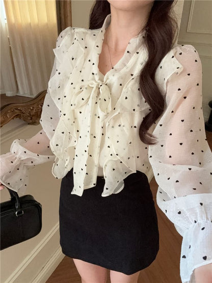 Dotted Ruffled Blouse with Puffed Sleeves and Neck Tie Detail