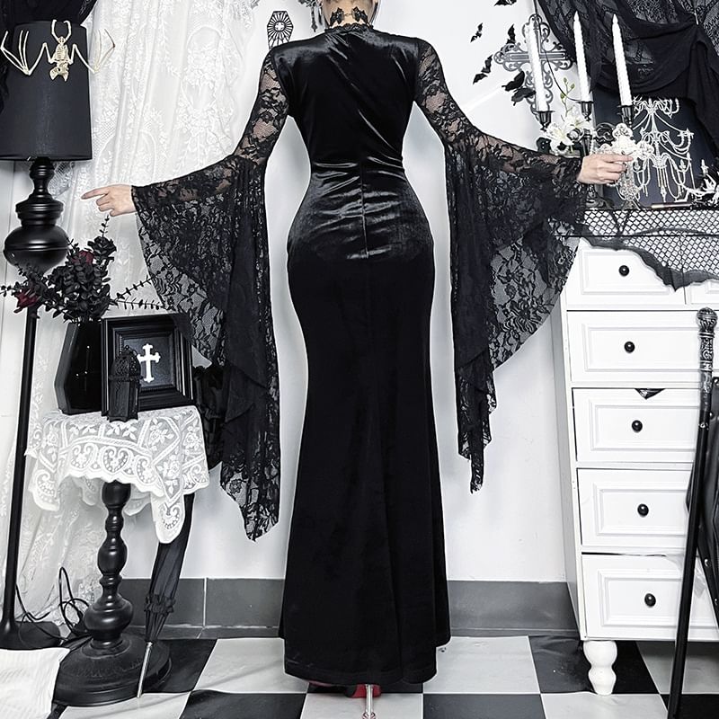 Bell-Sleeve V-Neck Lace Panel Beaded Slit Maxi Mermaid Dress