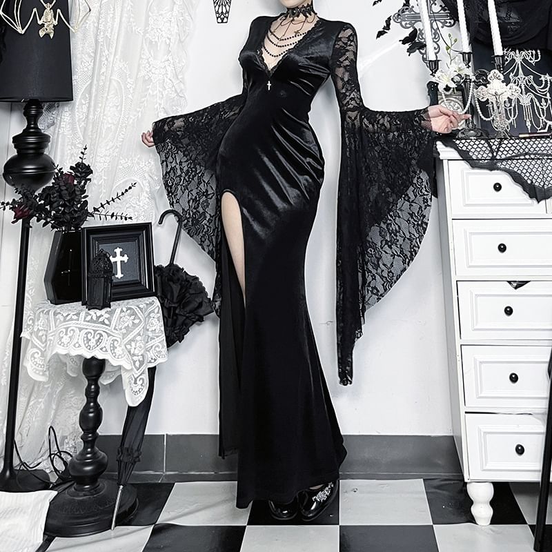 Bell-Sleeve V-Neck Lace Panel Beaded Slit Maxi Mermaid Dress
