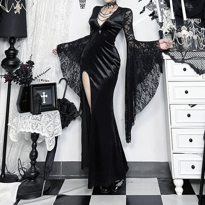 Bell-Sleeve V-Neck Lace Panel Beaded Slit Maxi Mermaid Dress