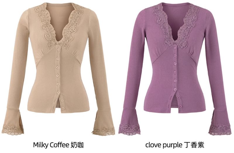 Long-Sleeve Top with Lace Trim and V-Neck in Solid Color