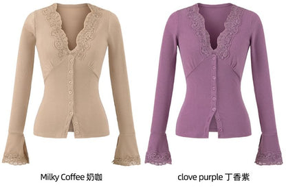 Long-Sleeve Top with Lace Trim and V-Neck in Solid Color