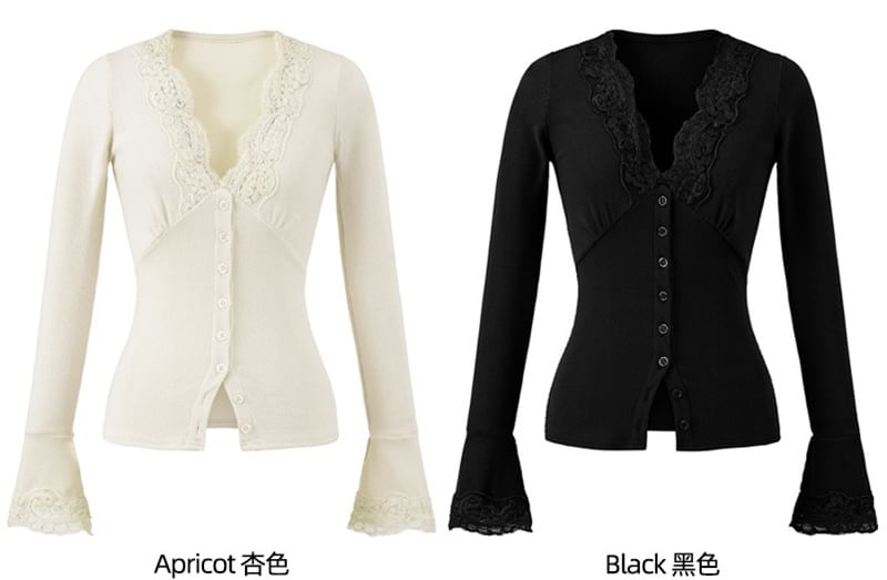 Long-Sleeve Top with Lace Trim and V-Neck in Solid Color