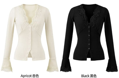 Long-Sleeve Top with Lace Trim and V-Neck in Solid Color