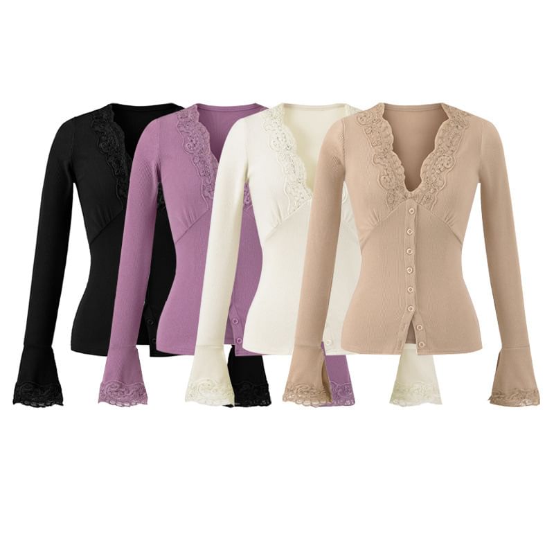 Long-Sleeve Top with Lace Trim and V-Neck in Solid Color