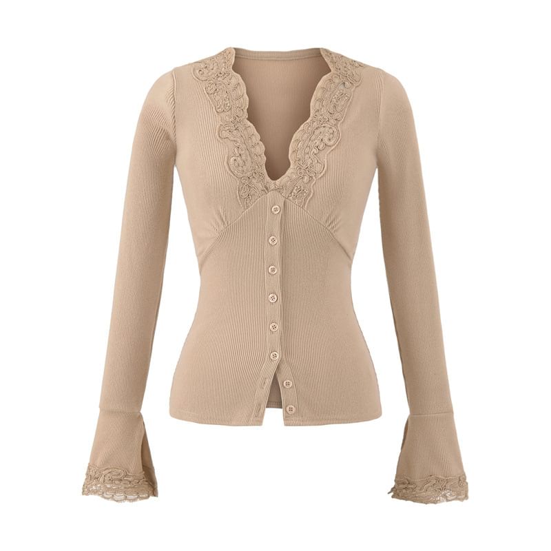 Long-Sleeve Top with Lace Trim and V-Neck in Solid Color
