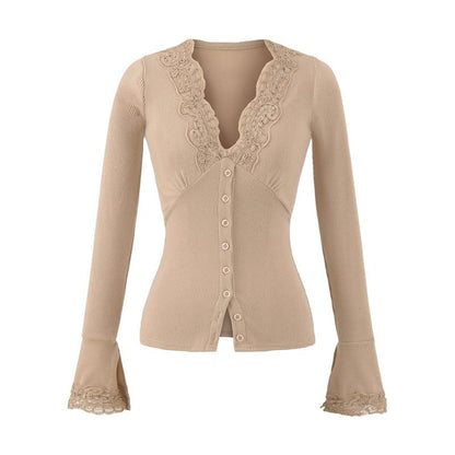 Long-Sleeve Top with Lace Trim and V-Neck in Solid Color