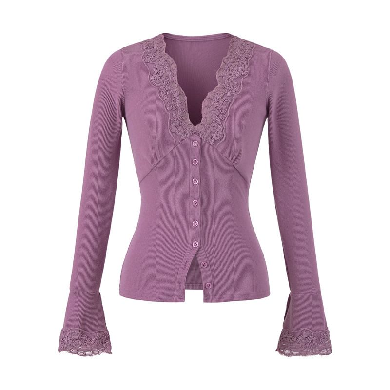 Long-Sleeve Top with Lace Trim and V-Neck in Solid Color