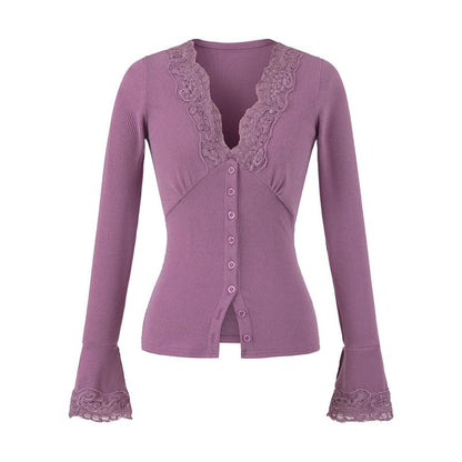 Long-Sleeve Top with Lace Trim and V-Neck in Solid Color